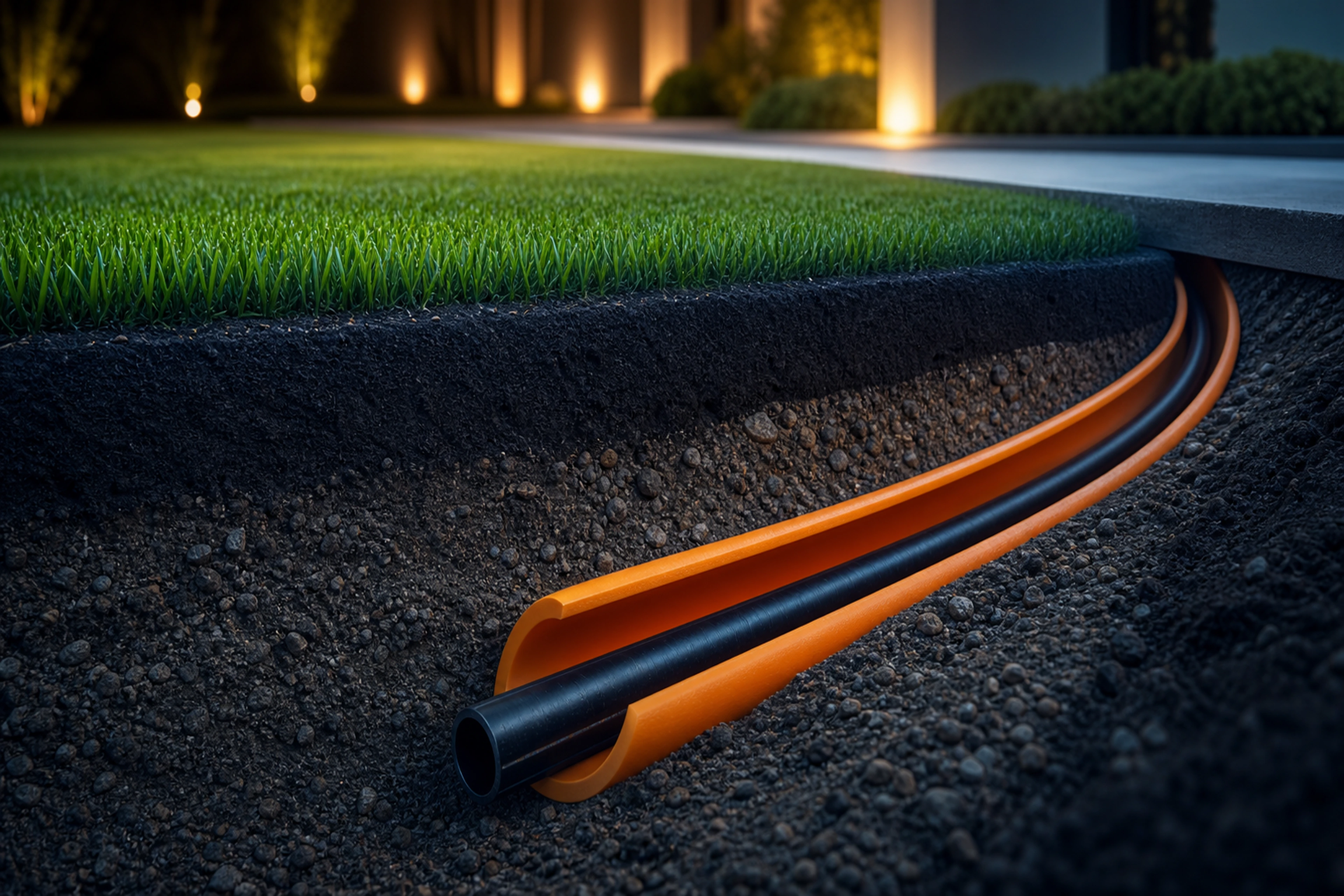 Underground conduit and cable route beneath a finished surface.