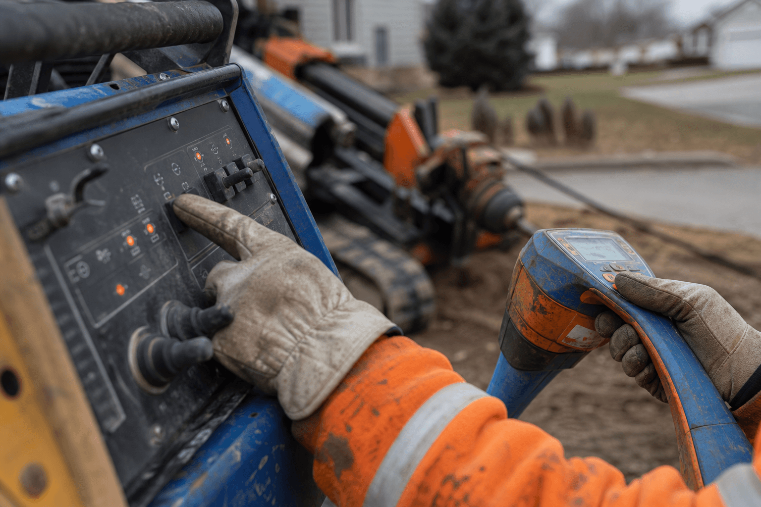 Concept image of operator hands on directional boring equipment