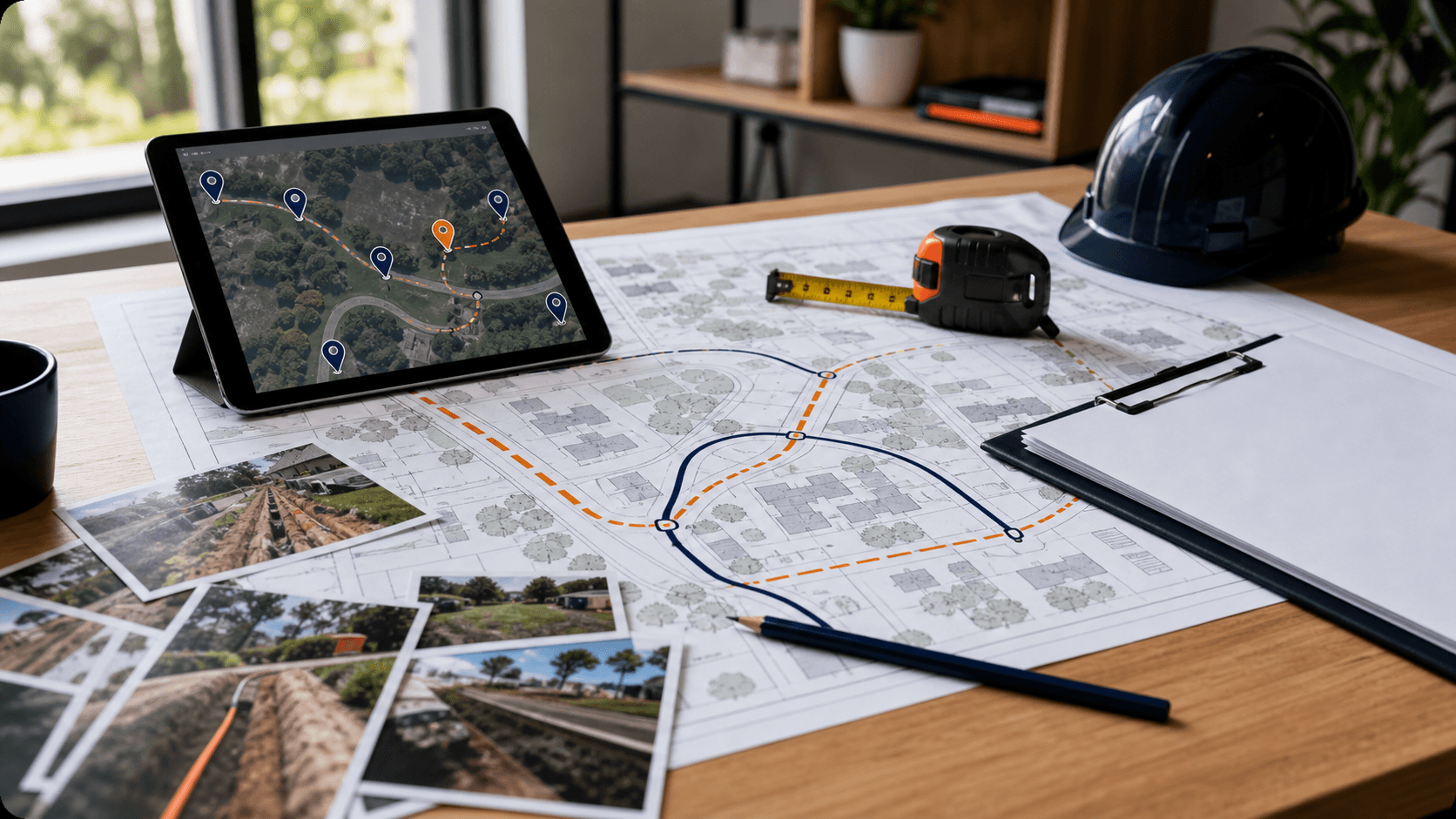 Route planning desk with site plans, waypoint tablet, measuring tape, and job photos