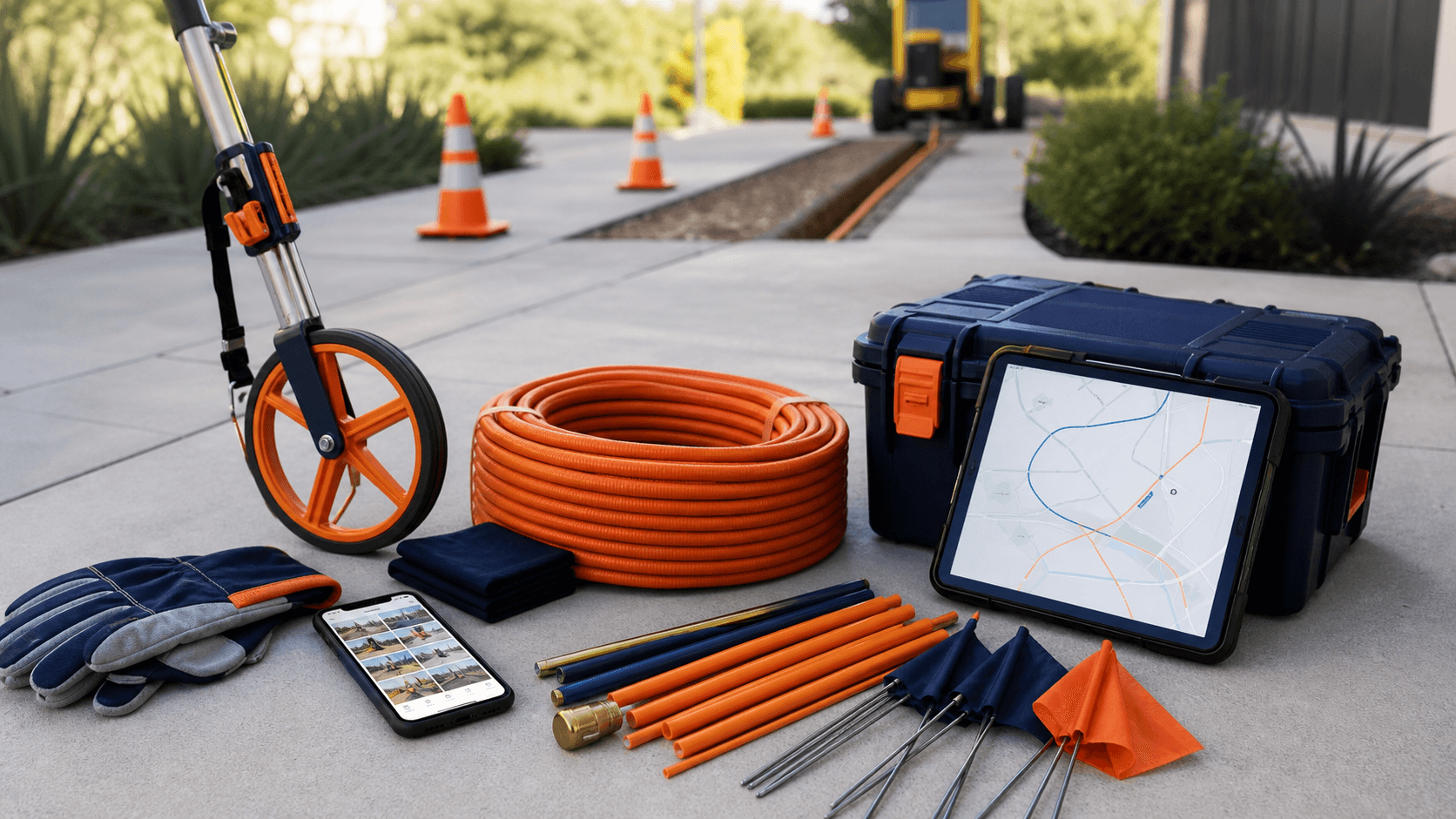 Field handoff kit with conduit, route tablet, measuring wheel, flags, gloves, and site photos
