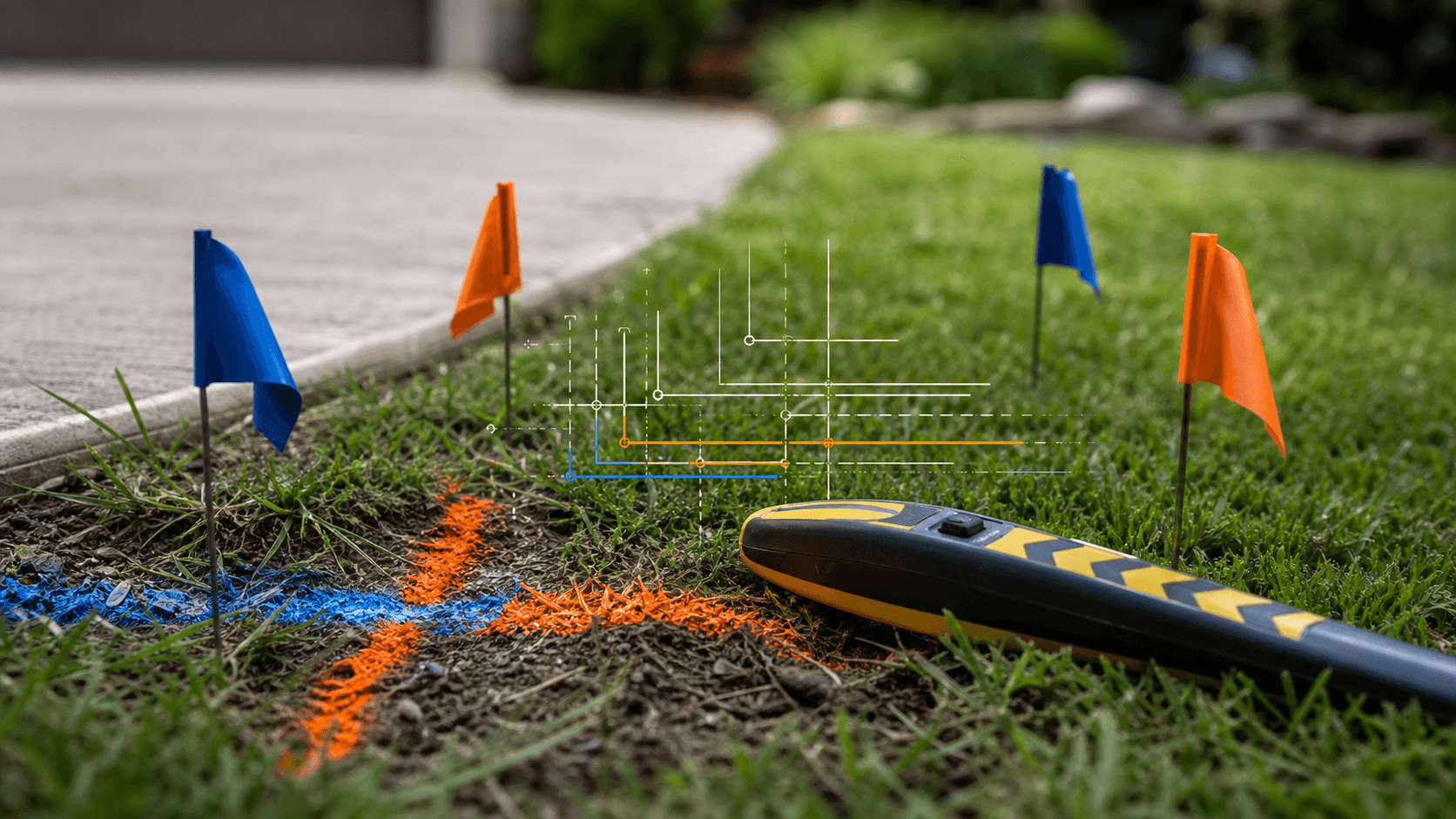Utility locate flags, painted route marks, and a locator wand beside a driveway edge