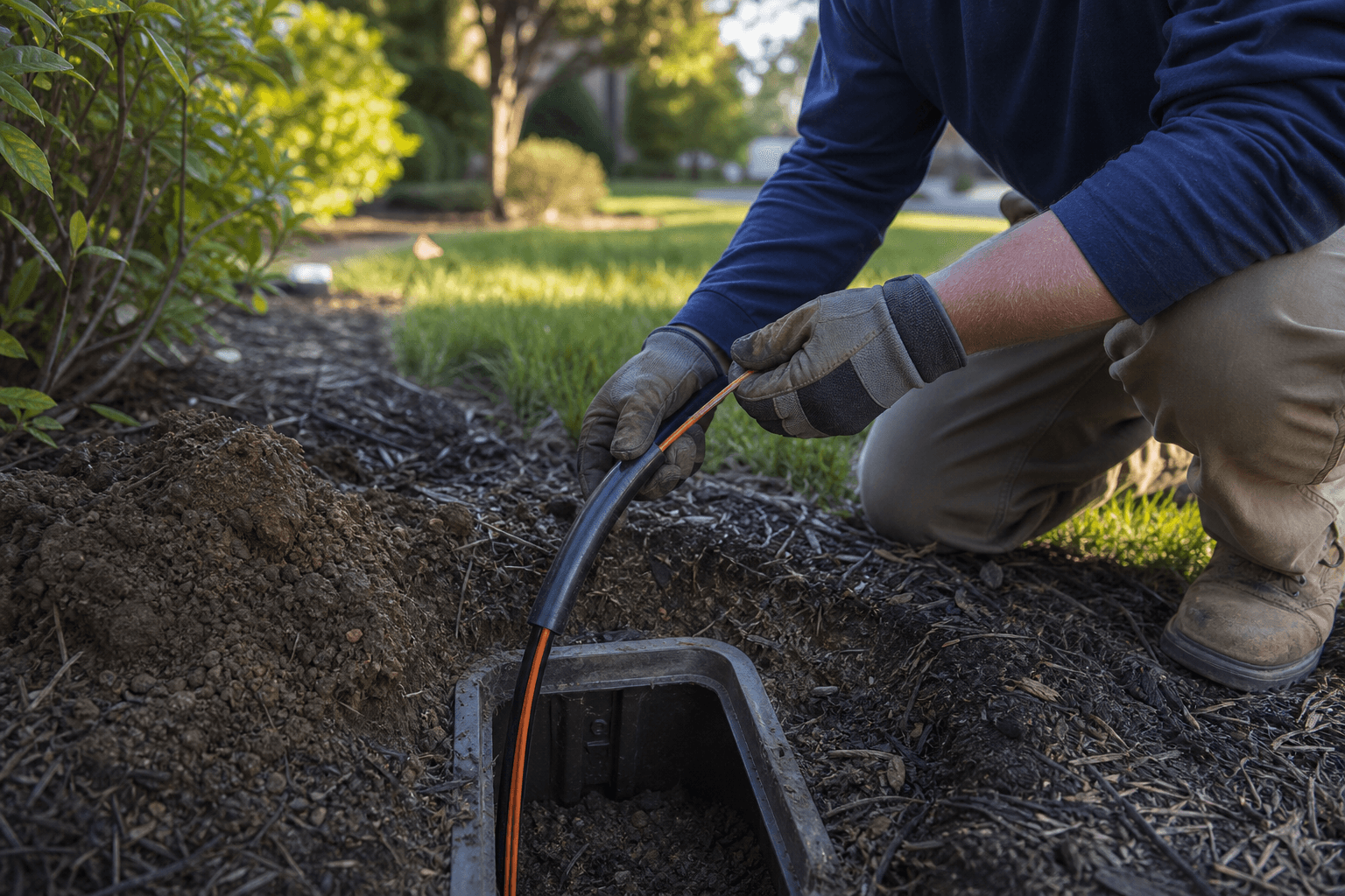 Concept image of a worker pulling conduit through a bore exit pit
