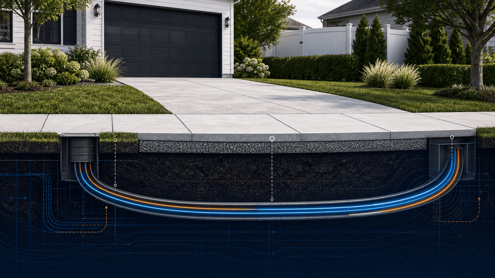 Illustrative driveway and sidewalk boring cutaway showing conduit under pavement.