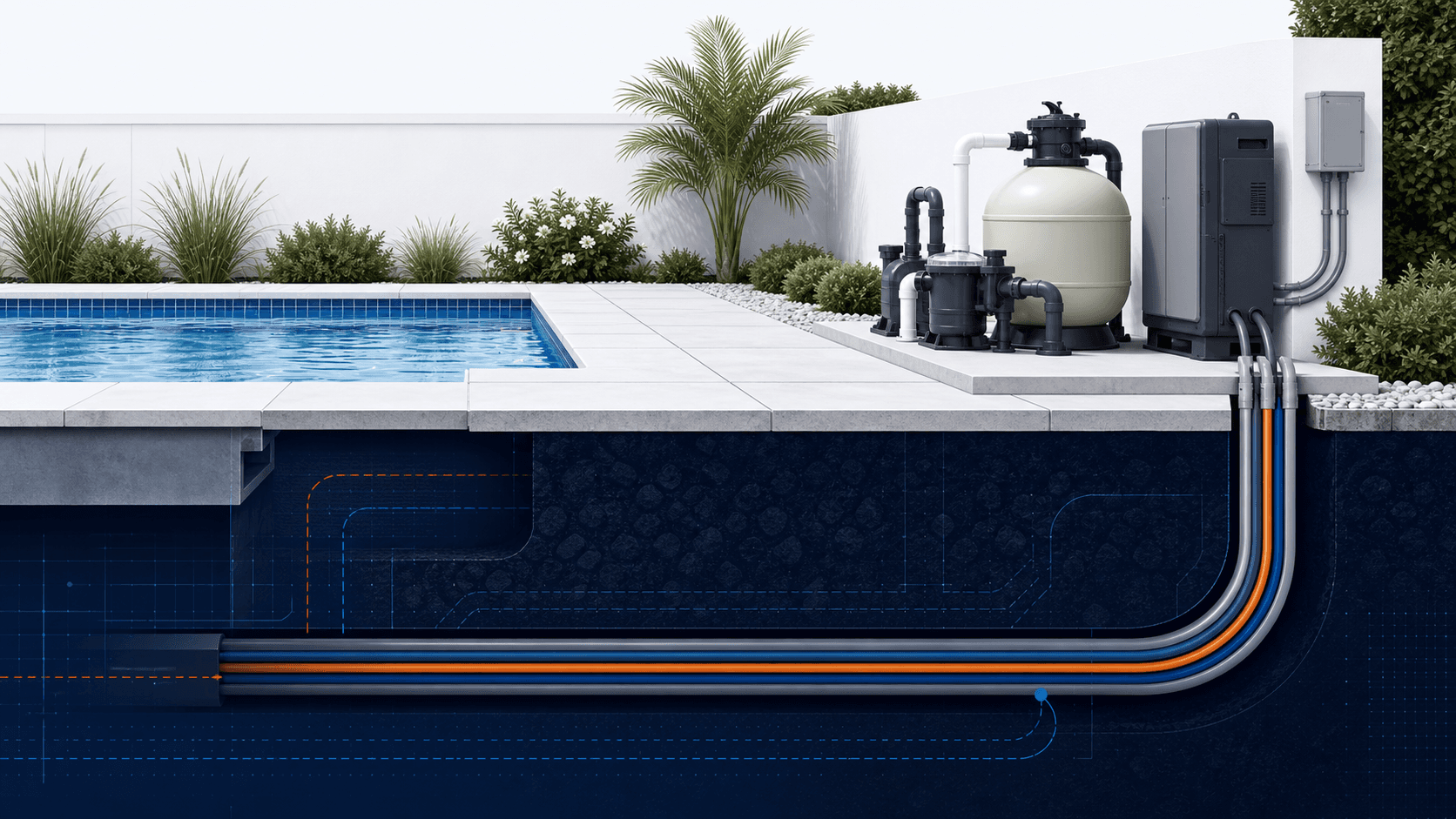 Illustrative pool-adjacent conduit route under finished outdoor surfaces.