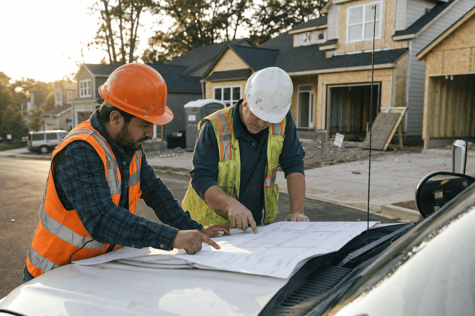 Concept image of two field workers reviewing a project plan